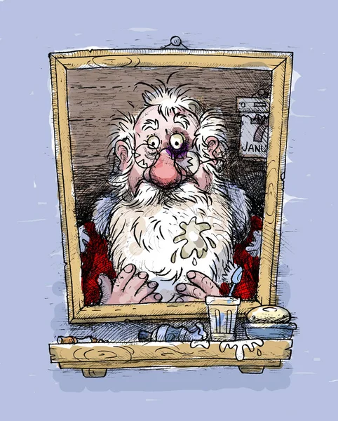 Winter party went like a bomb! Santa Claus looking at himself in his bathroom mirror after holidays, on January 7
