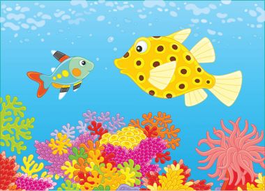 Tropikal bir denizde inanılmaz bir renkli mercan kayalığı, bir vektör çizim karikatür tarzı Balık yüzme mavi su komik bir boxfish ve röntgen