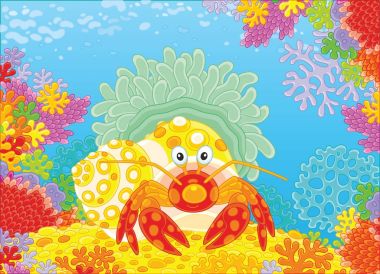 A Diogenes-crab with an actinia on a colorful coral reef in a tropical sea, a vector illustration in cartoon style clipart