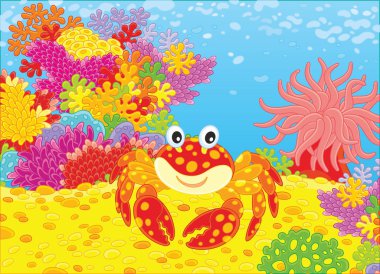 Komik Kırmızı yengeç, pembe bir actinia ve bir tropik resif, bir vektör çizim karikatür tarzı üzerinde renkli mercan