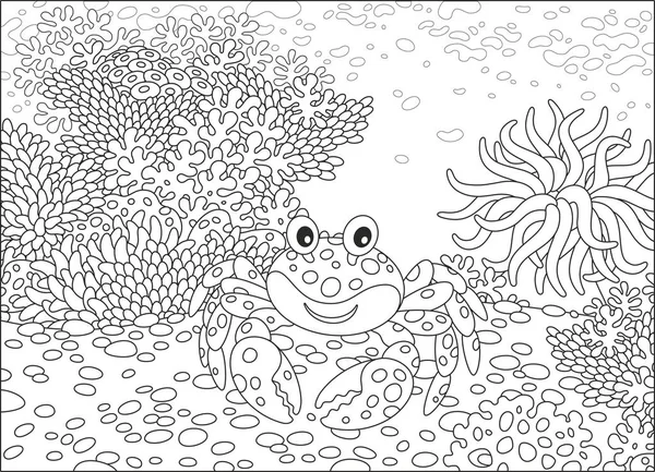 一个有趣的螃蟹 一个海葵和珊瑚在热带礁石上 一个黑白矢量插图在卡通风格的着色书 — 图库矢量图片