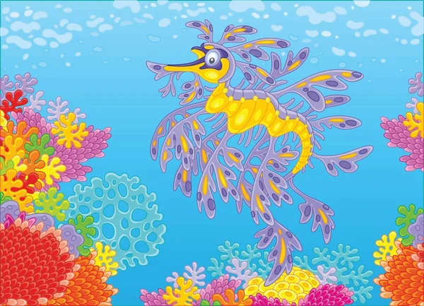 熱帯の海でカラフルなサンゴ礁 漫画のスタイルのベクトル図で青い水の中泳いでリーフィーシードラゴン — ストックベクタ