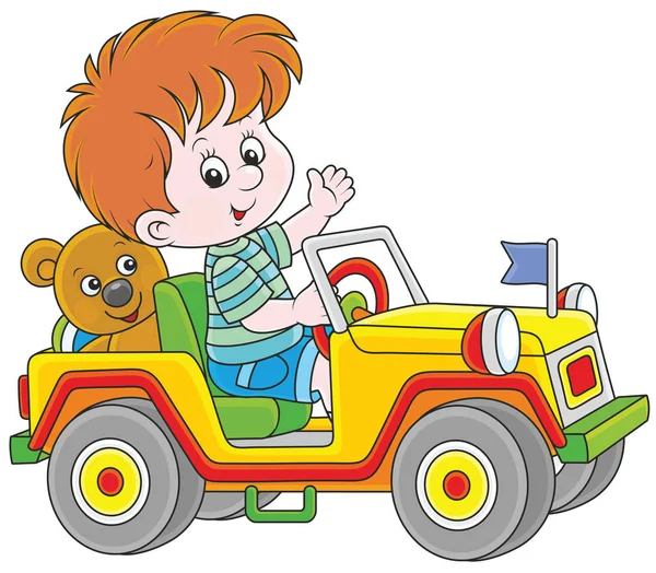 Kleiner Junge Spielt Einem Spielzeug Geländewagen Einer Vektorillustration Cartoon Stil — Stockvektor