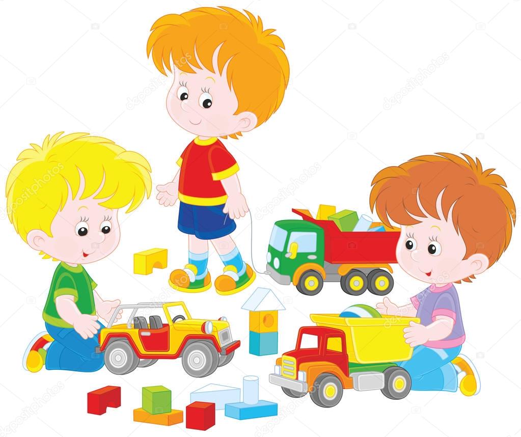 Little boys playing with toy cars and bricks, a vector illustration in cartoon style