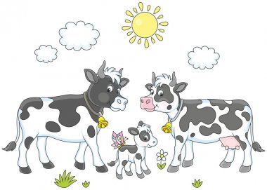 Benekli bir inek, bir boğa ve küçük bir buzağı, bir vektör çizim karikatür tarzı