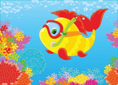 Bir maske ve mavi suda yüzen bir renkli mercan resif tropikal bir denizde, bir vektör çizim karikatür tarzı bir şnorkel ile komik bir balık-dalgıç