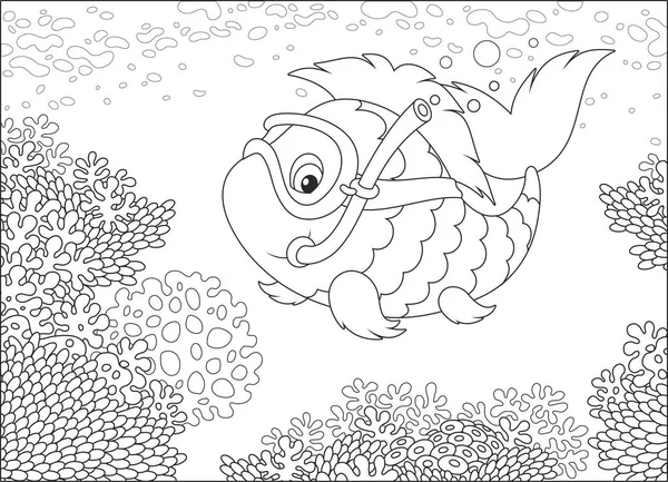 Drôle Plongeur Poisson Avec Masque Tuba Nageant Dessus Récif Corallien — Image vectorielle