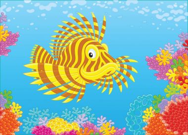 Mavi suda yüzen bir renkli mercan resif tropikal bir denizde, bir vektör çizim karikatür tarzı bir çizgili scorpionfish