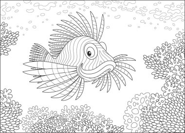 Yüzme tropikal bir denizde bir mercan kayalığı, siyah ve beyaz vektör çizim karikatür tarzı bir boyama kitabı için bir çizgili iskorpit