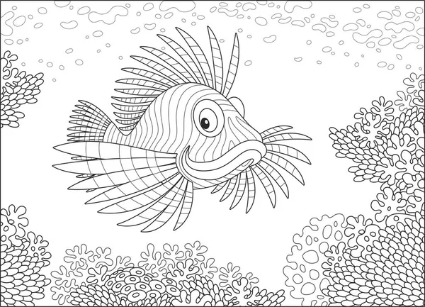 Yüzme tropikal bir denizde bir mercan kayalığı, siyah ve beyaz vektör çizim karikatür tarzı bir boyama kitabı için bir çizgili iskorpit