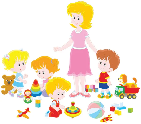 Kleine Jungen Und Mädchen Spielen Mit Spielzeug Ihre Junge Und — Stockvektor