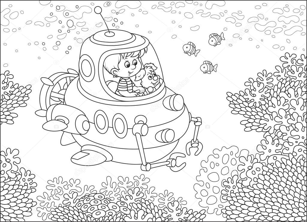 Toy deep-sea bathyscaphe piloting by a little boy with his pup exploring a coral reef with funny fishes in a tropical sea. Black and white vector illustration in cartoon style for a coloring book