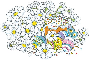 Festively dekore edilmiş Paskalya kek ve beyaz çiçeklerle rengarenk boyalı yumurta