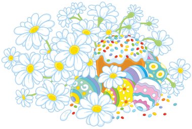 Festively dekore edilmiş Paskalya kek ve beyaz çiçeklerle rengarenk boyalı yumurta