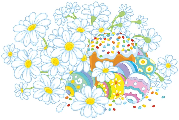 お祝いに飾られたイースター ケーキと多彩に塗られた白い花卵 — ストックベクタ