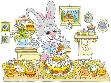 Küçük tavşan Paskalya, komik karikatür tarzı bir vektör çizim için süslü bir pasta süsleme