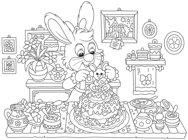 イースター 塗り絵の面白い漫画スタイルの黒と白のベクトル図に派手なケーキを飾るウサギ — ストックベクタ