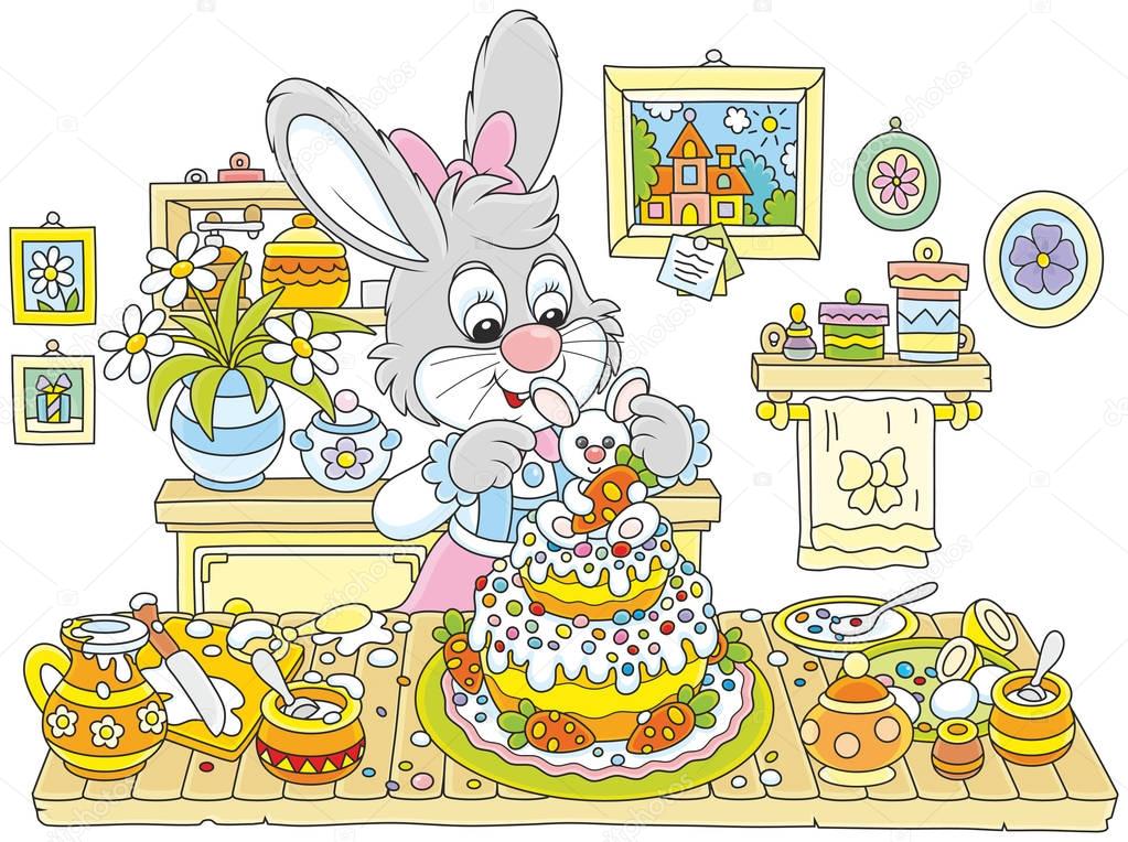 Little bunny decorating a fancy cake to Easter, a vector illustration in funny cartoon style