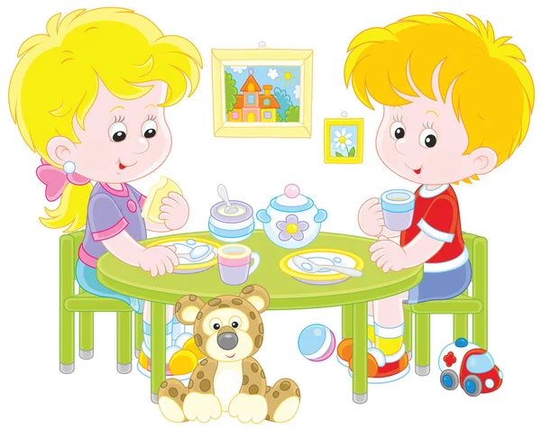 Bambini Piccoli Colazione Nella Loro Nursery Illustrazione Vettoriale Stile Cartone — Vettoriale Stock
