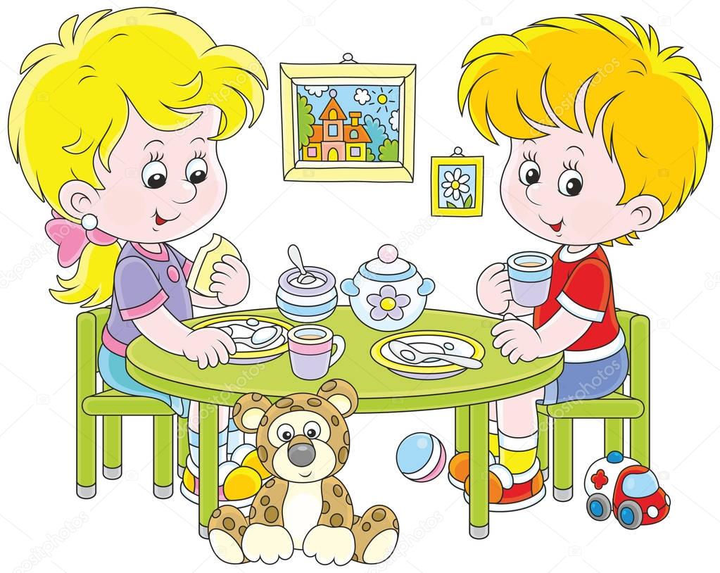 Little children at breakfast in their nursery, a vector illustration in funny cartoon style