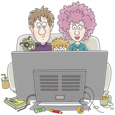 TV izleyicileri. Bir komik aile onların kanepede oturan ve tarassut Tv, bir vektör çizim karikatür tarzı
