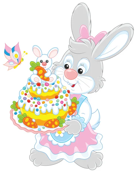 Easter Rabbit Holding Freshly Backed Colorfully Decorated Holiday Cake — Stock Vector