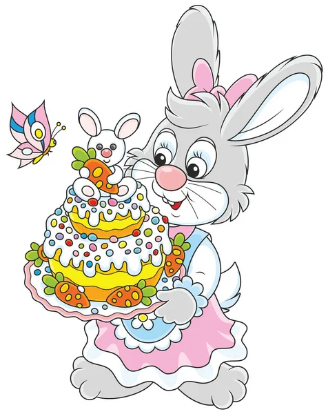 Пасхальний Кролик Тримає Свіжопідставлений Різнокольоровий Святковий Торт — стоковий вектор