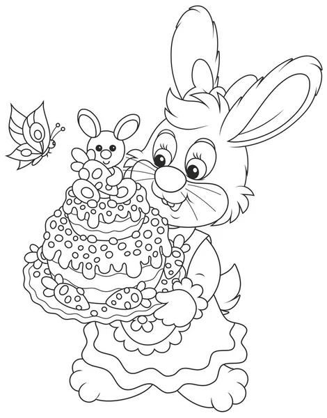 复活节兔子与装饰的节日蛋糕 黑白矢量插图为着色书 — 图库矢量图片
