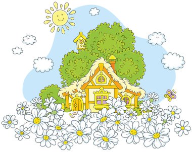 Bir thatched çatı altında bir yeşil ağaç beyaz papatya tarlası üzerinde küçük lodge