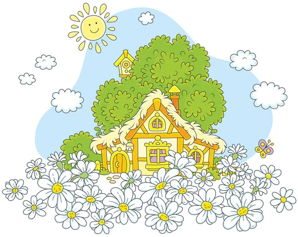 Small Lodge Thatched Roof Green Tree Field White Daisies — Stock Vector