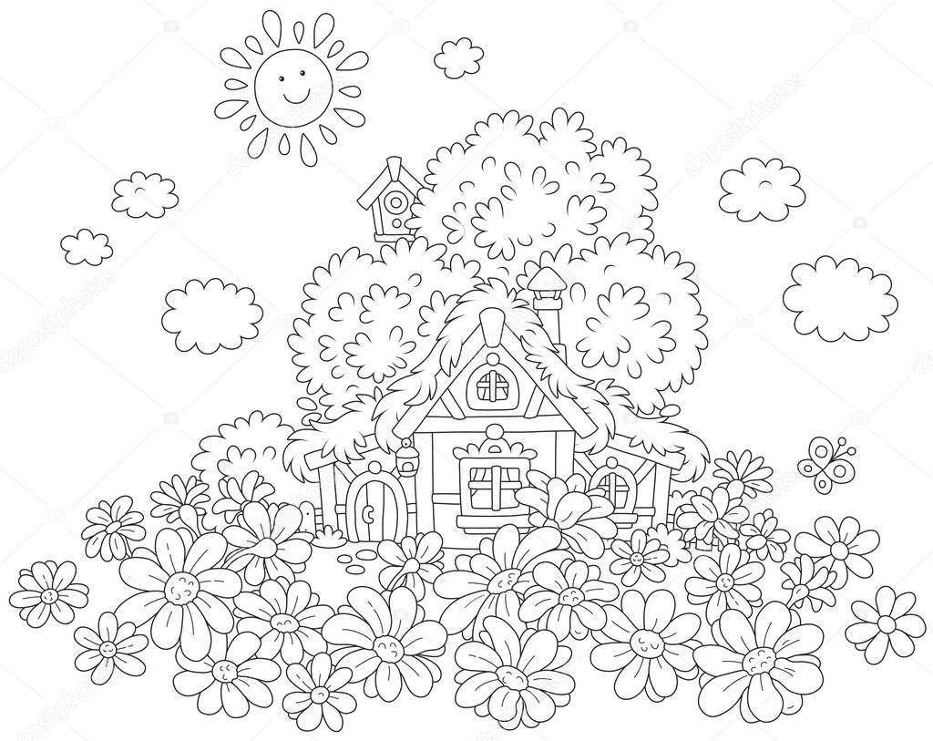 Small lodge with a thatched roof under a tree on a field of daisies, a black and white vector illustration for a coloring book