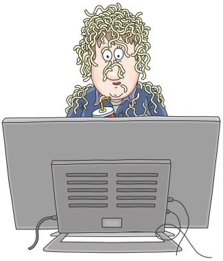 Sahte haberlerle, komik karikatür tarzı bir vektör çizim programı izlerken Tv görüntüleyicinin kulaklara erişte