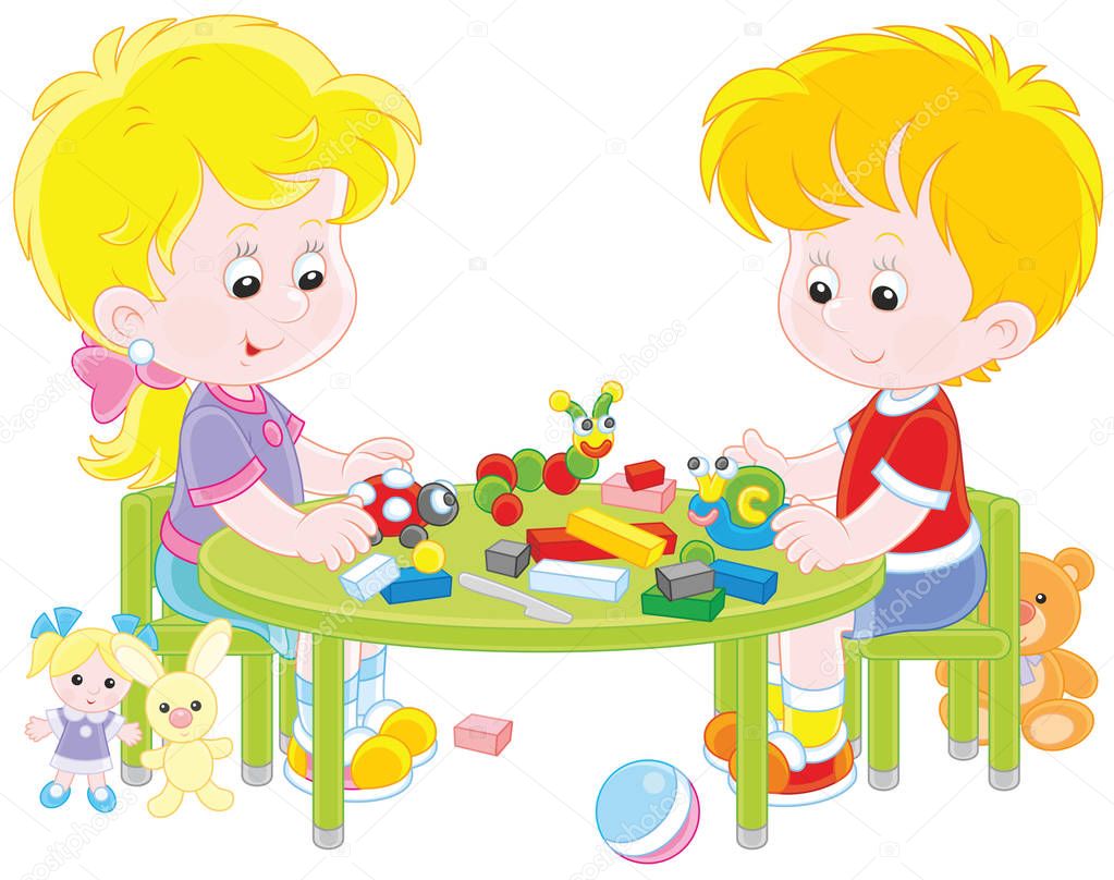 Little children sculpturing figurines of funny animals from plasticine, a vector illustration in cartoon style