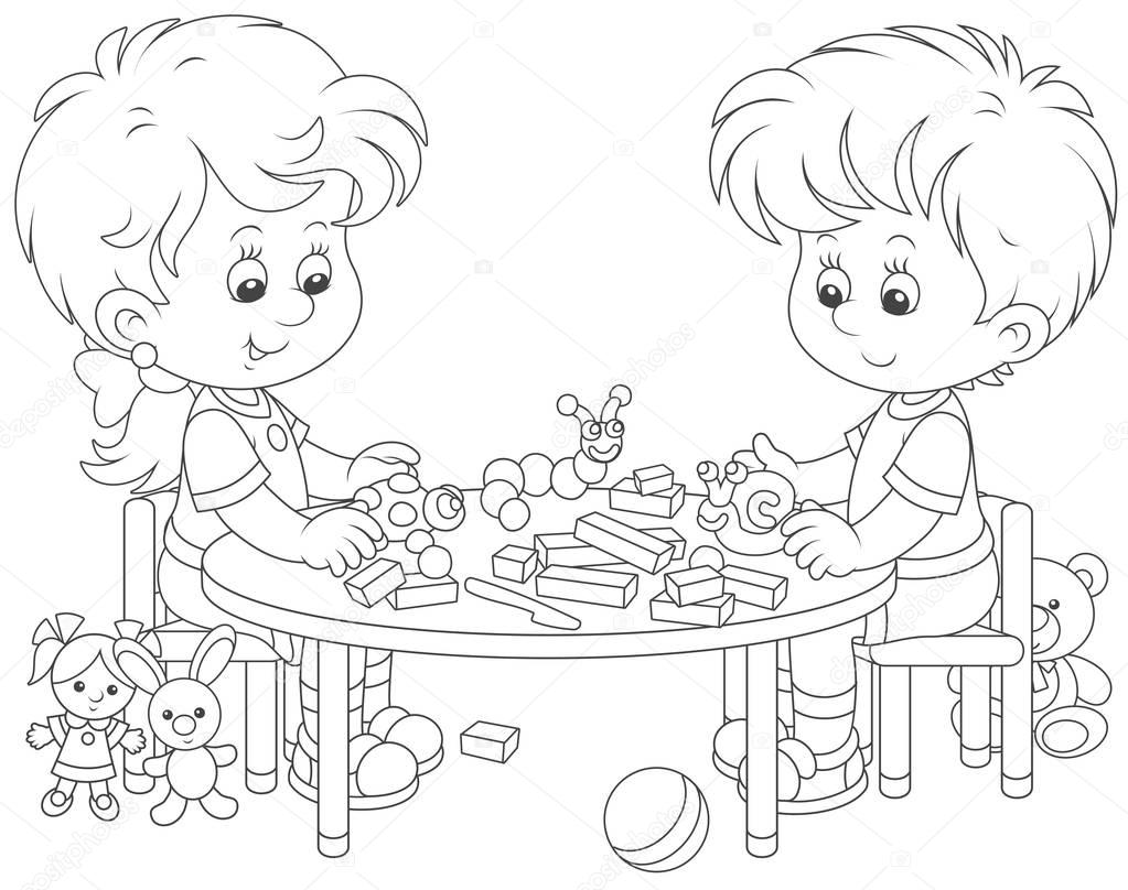 Little children sculpturing figurines of funny animals from plasticine, a black and white vector illustration in cartoon style