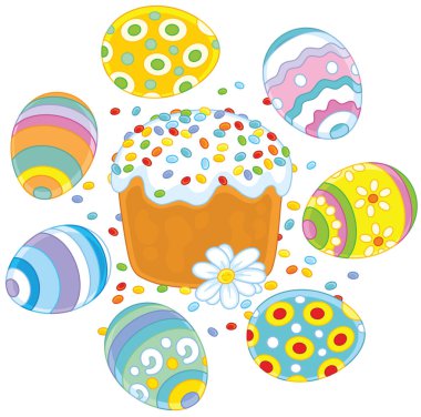 Festively dekore edilmiş Paskalya kek ve beyaz çiçek, bir vektör çizim ile renkli boyalı yumurta