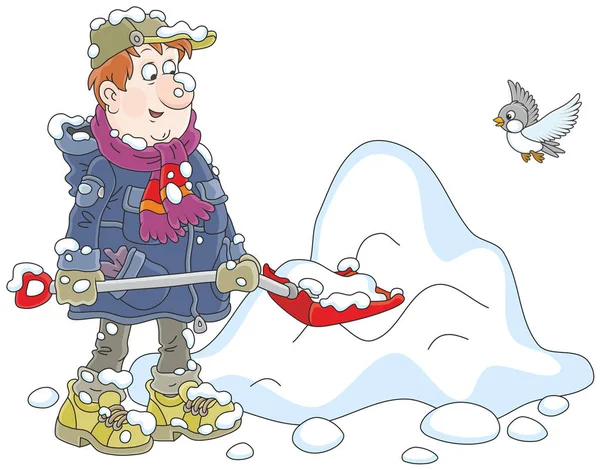 Αστείος Άνθρωπος Τον Καθαρισμό Χιόνι Ένα Φτυάρι Μια Εικονογράφηση Διάνυσμα — Διανυσματικό Αρχείο