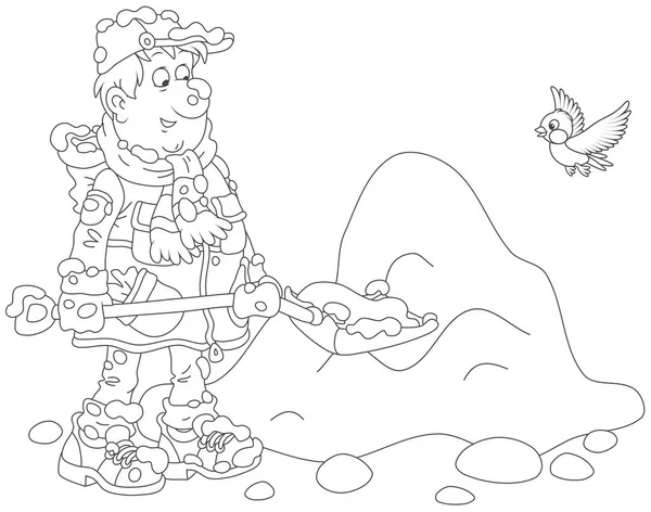 Legrační Člověk Úklid Sněhu Lopatou Černé Bílé Vektorové Ilustrace Karikatuře — Stockový vektor