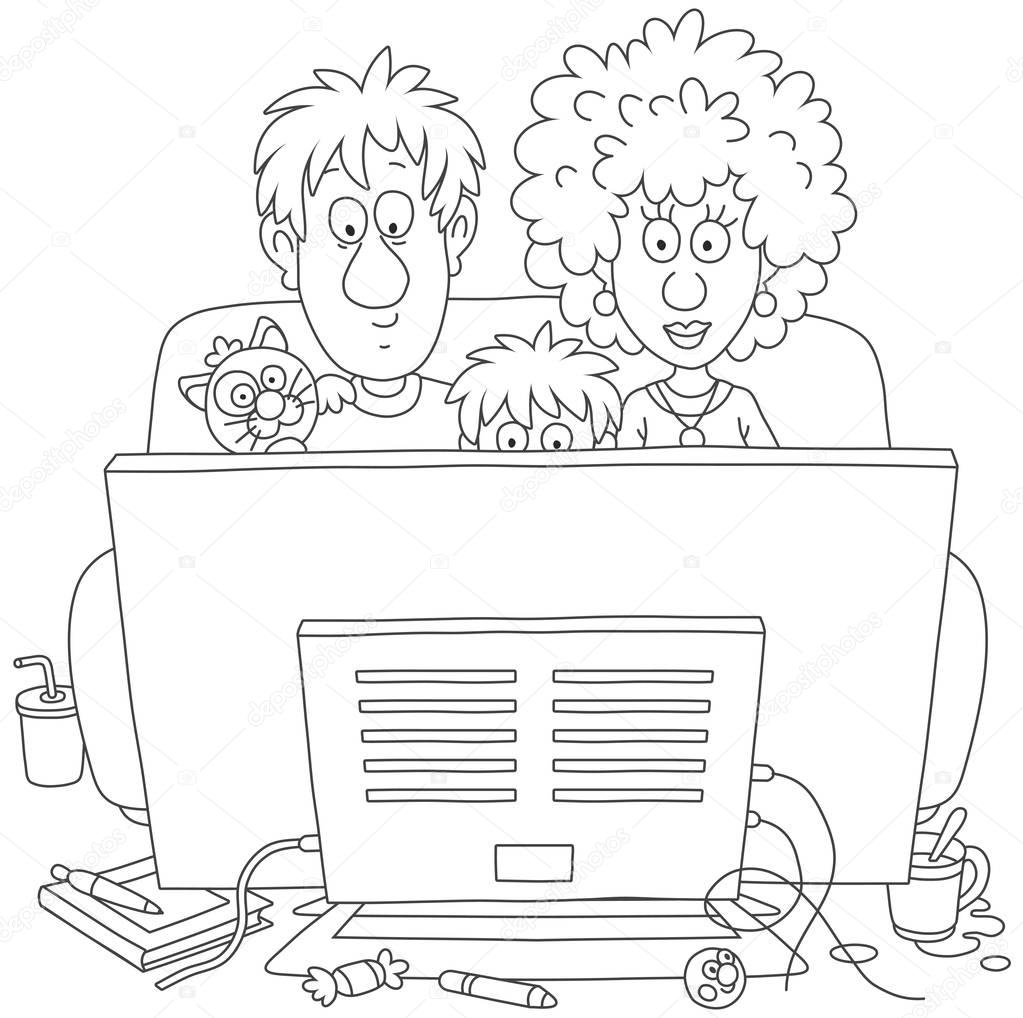 Funny family sitting on a sofa and watching TV, a black and white vector illustration in cartoon style
