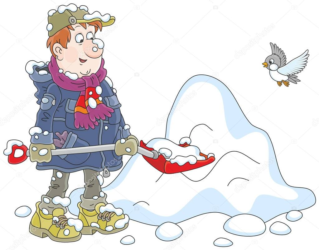 Funny Man Cleaning Snow Shovel Vector Illustration Cartoon Style