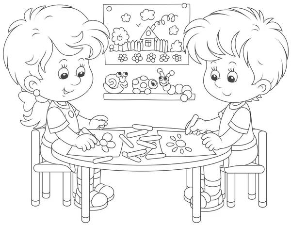 Bambini Piccoli Che Disegnano Immagini Divertenti Con Pastelli Illustrazione Vettoriale — Vettoriale Stock