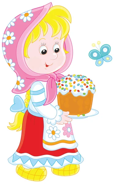 Little Girl Traditional Dress Colorfully Decorated Easter Cake — Stock Vector