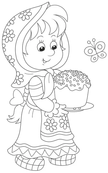 Little Girl Traditional Dress Decorated Easter Cake Black White Vector — Stock Vector