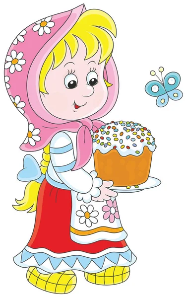 Little Girl Traditional Dress Colorfully Decorated Easter Cake — Stock Vector