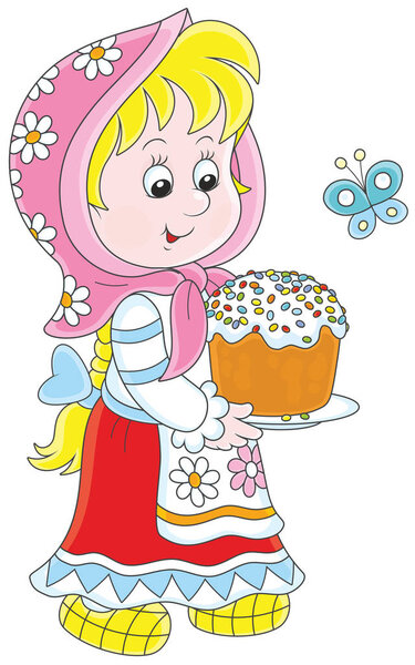 Little girl in a traditional dress with a colorfully decorated Easter cake