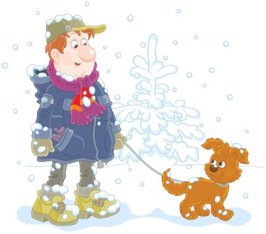 Kış yürüyüş ile bir köpek. Sıcak giysiler giyiyor ve yürüme ile onun komik yavru kar, bir vektör çizim karikatür tarzı bir adam