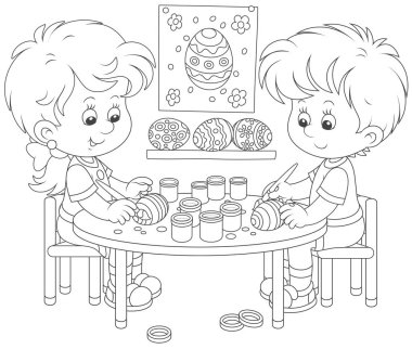 Küçük çocuklar tatil için Paskalya yumurtaları boya, siyah ve beyaz vektör illüstrasyon karikatür tarzı bir boyama kitabı için