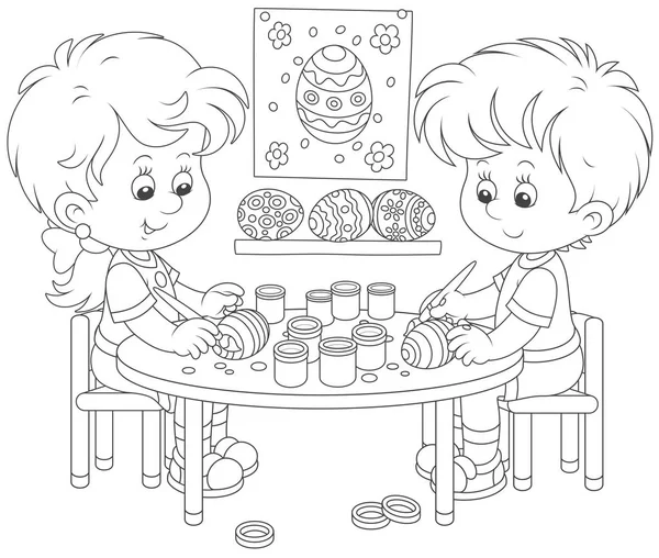 Niños Pequeños Pintando Huevos Pascua Fiesta Una Ilustración Vectorial Blanco — Archivo Imágenes Vectoriales