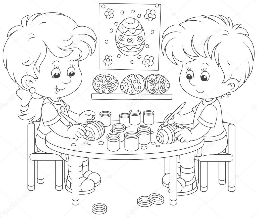 Little children painting Easter eggs to the holiday, a black and white vector illustration in cartoon style for a coloring book