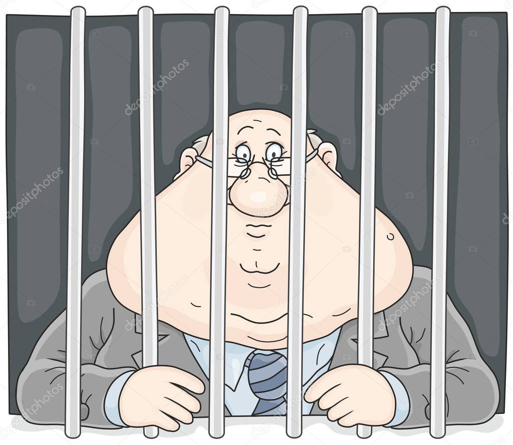 Sad corrupt official with a sour face sitting behind bars in a prison