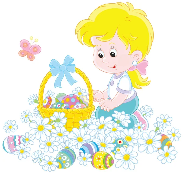 Velikonoční Vajíčka Květech Holčička Zdobený Koš Shromažďování Pestře Malovaná Vajíčka — Stockový vektor